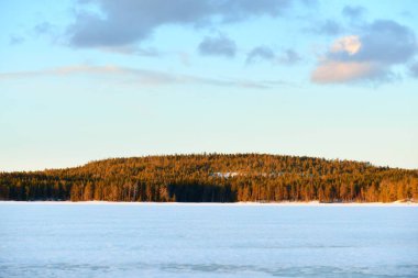 Gün batımında donmuş göl ve karla kaplı çam ormanı. Buz dokusu. Dramatik gökyüzü, pembe bulutlar. Kış Harikalar Diyarı. Doğa, çevre koruma, ekoloji, iklim değişikliği, eko-turizm, Noel