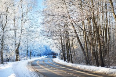 Temizlikten sonra boş bir asfalt yol. Sokak fenerleri yakın plan. Taze karda araba izleri. Arka planda karla kaplı orman ve tarla var. Açık mavi gökyüzü. Kış yolculuğu. Finlandiya