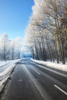 Temizlikten sonra boş bir asfalt yol. Sokak fenerleri yakın plan. Taze karda araba izleri. Arka planda karla kaplı huş ağacı ormanı var. Açık mavi gökyüzü. Finlandiya 'da kış gezisi. Genel ısınma teması