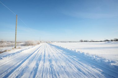 Güneşli bir günde kırsal alanda karla kaplı tek şeritli yol. Finlandiya. Açık mavi gökyüzü. Yaprak döken ve yemyeşil ağaçlar arka planda kırağı kaplamış. Idyllic kış manzarası