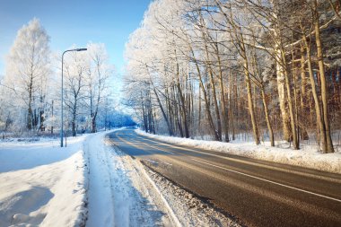 Temizlikten sonra boş bir asfalt yol. Sokak fenerleri yakın plan. Taze karda araba izleri. Arka planda karla kaplı orman ve tarla var. Açık mavi gökyüzü. Kış yolculuğu. Finlandiya