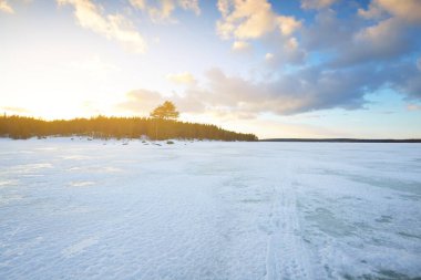 Gün batımında donmuş göl ve karla kaplı çam ormanı. Buz dokusu. Dramatik gökyüzü, yumuşak güneş ışığı. Idyllic kış sahnesi. Doğa, çevre koruma, ekoloji, iklim değişikliği, eko-turizm, Noel