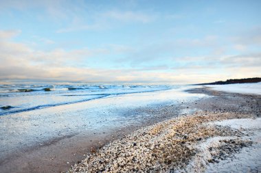 Bir sürü deniz kabuğuyla kaplı Baltık deniz kıyısından bir manzara. Riga Körfezi, Letonya. Renkli dramatik bulut manzarası. Kararsız hava, dalgalar, su sıçramaları. Kış turizmi, küresel ısınma