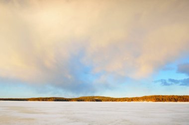 Gün batımında donmuş göl ve karla kaplı çam ormanı. Buz dokusu. Dramatik gökyüzü, yumuşak güneş ışığı. Idyllic kış sahnesi. Doğa, çevre koruma, ekoloji, iklim değişikliği, eko-turizm, Noel