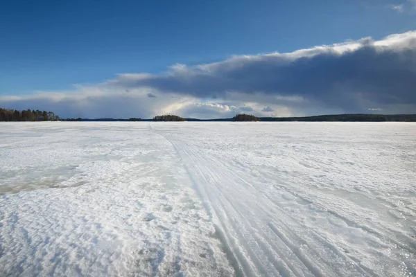 Παγωμένη Λίμνη Και Πευκοδάσος Ηλιοβασίλεμα Παγωμένη Υφή Ίχνη Τρακτέρ Από — Φωτογραφία Αρχείου