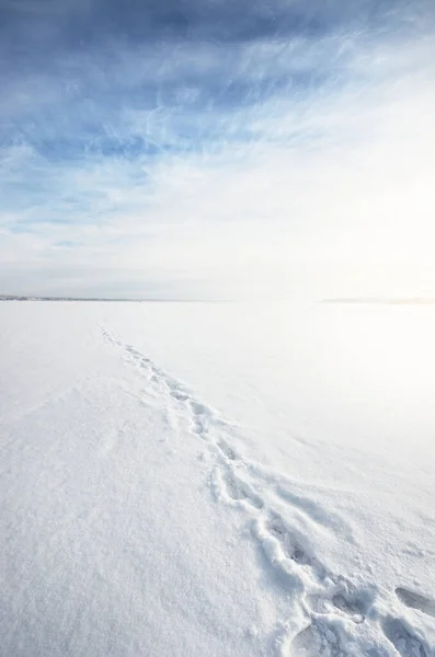 Lago Cubierto Nieve Congelado Bajo Cielo Azul Claro Con Nubes — Foto de Stock