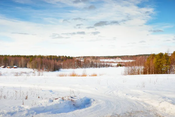 Une Route Campagne Vide Avec Virage Serré Travers Champ Enneigé — Photo