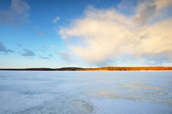 Lago Congelado Pinhal Coberto Neve Pôr Sol Textura Gelo Céu — Fotografia de Stock