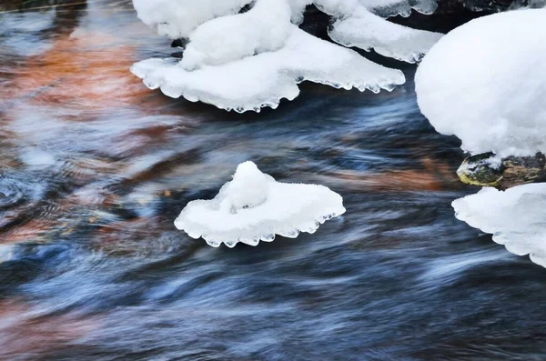 Fluxo Água Pequeno Rio Floresta Coberto Neve Fragmentos Gelo Close — Fotografia de Stock