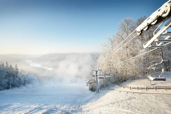 View Ski Lift Snow Covered Forest Blizzard Fog Winter Wonderland — Stock Photo, Image