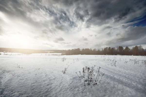 Empty Country Road Sharp Turn Snow Covered Field Blizzard Dramatic — Stock Photo, Image