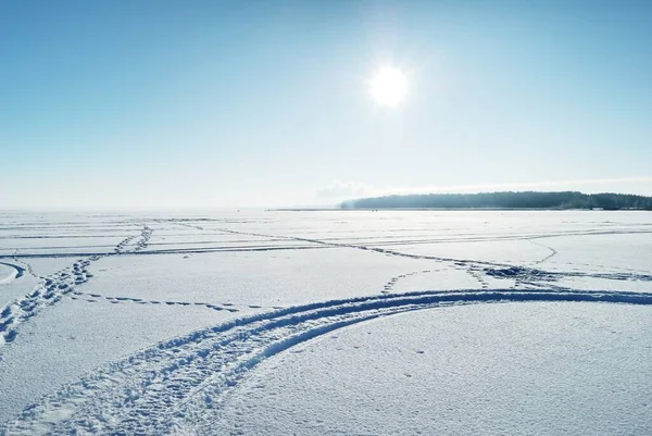 Fryst Skogssjö Vid Soluppgången Träd Hjorfrost Cykel Skidor Och Mänskliga — Stockfoto