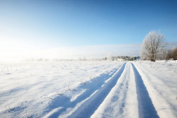 晴れた日にフィールドを介して雪に覆われたシングルレーン農村道路 フィンランドだ 真っ青な空 背景の霜の落葉樹と常緑樹 牧歌的な冬の風景 — ストック写真