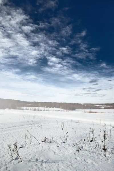吹雪の後の雪に覆われた田園地帯のパノラマビュー 新鮮な雪の中で人間のトラック 輝く雲と劇的な空 ロシアのカレリア エコツーリズム 環境保全 — ストック写真
