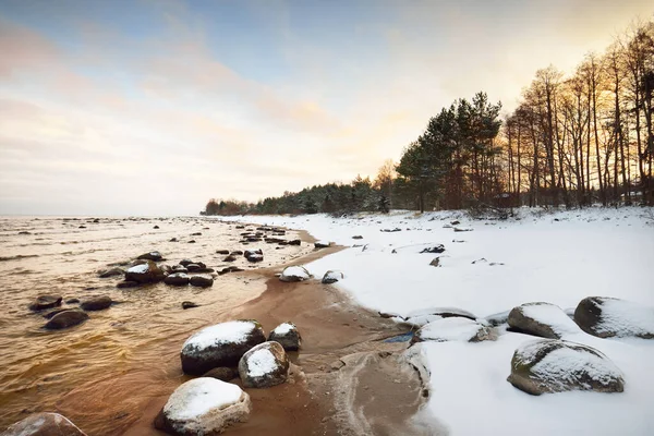 Una Vista Costa Del Mar Báltico Cubierta Nieve Atardecer Piedras — Foto de Stock