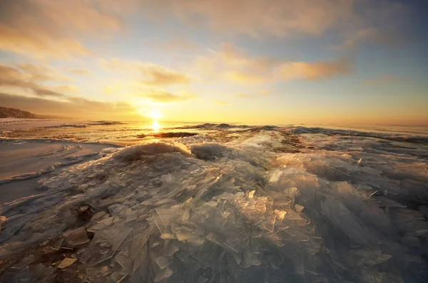 Panoramic View Snow Covered Shore Frozen Saima Lake Sunset Ice — Stock Photo, Image