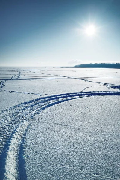 Lago Floresta Congelado Nascer Sol Árvores Hoarfrost Bicicleta Esqui Trilhos — Fotografia de Stock