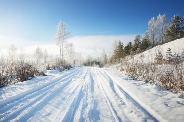 Met Sneeuw Bedekte Eenbaans Landweggetje Door Velden Een Zonnige Dag — Stockfoto