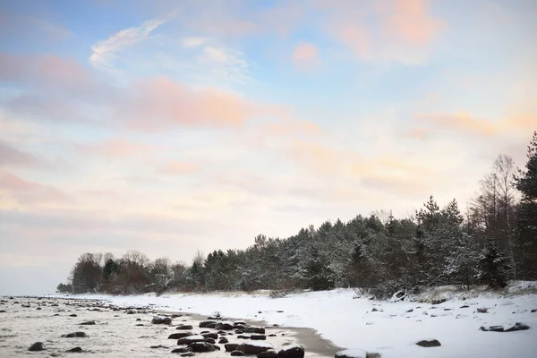 Uma Vista Costa Coberta Neve Mar Báltico Pôr Sol Pedras — Fotografia de Stock