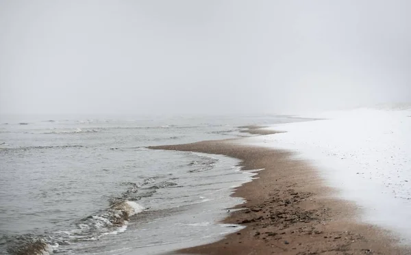 A view of snow-covered sandy sea shore in a thick fog. Atmospheric monochrome landscape. Nature, environmental conservation, ecology, winter, climate change, global warming