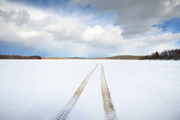日落时分 冰封的湖泊和松树林 冰的质感拖拉机追踪特写 蔚蓝的天空 多云的风景 冬天的仙境自然 气候变化 生态旅游 变化无常的天气 — 图库照片