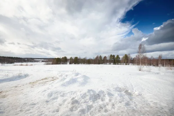 Empty Country Road Sharp Turn Snow Covered Field Blizzard Dramatic — Stock Photo, Image