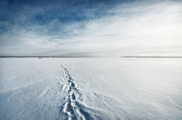 清澈的蓝天下 白雪覆盖的冰封的湖面上挂满了卷云 新雪中的人类脚印 拉普兰 全球变暖 冬季体育和渔业 环境保护主题 — 图库照片