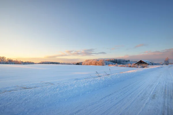 Country Road Snow Covered Field Blizzard Sunset Clear Sky Golden Royalty Free Stock Photos