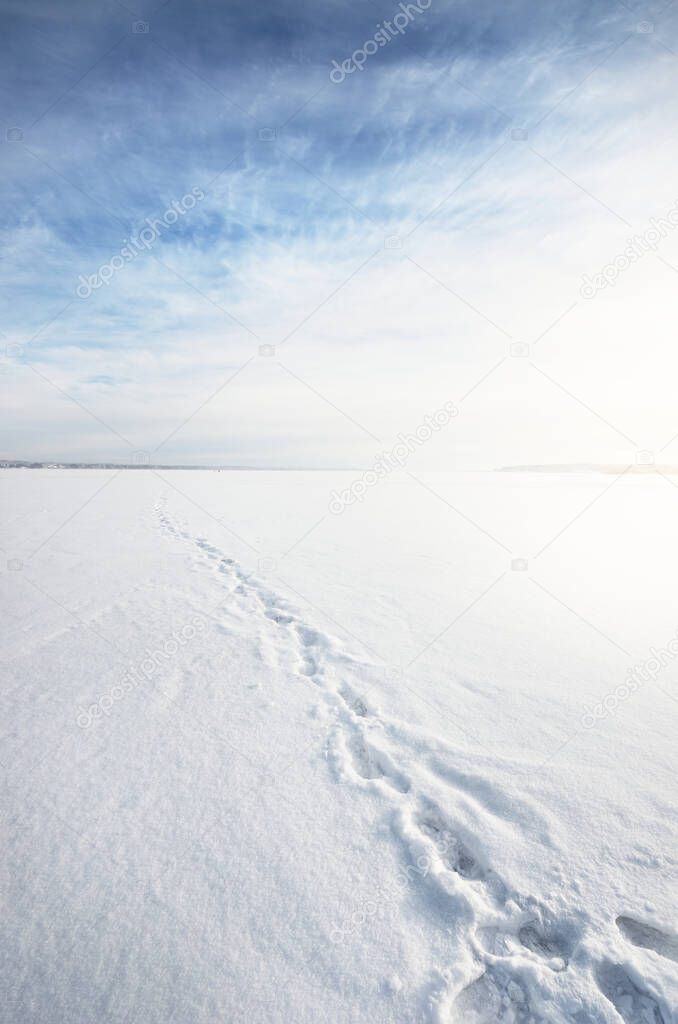 Frozen snow-covered lake under a clear blue sky with cirrus clouds. Human tracks in a fresh snow. Arctic, Lapland. Global warming, winter sport and fishing, environmental conservation theme