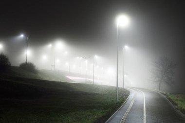 Gece sisli bir havada keskin bir dönüş yapan boş, aydınlık bir bisiklet yolu. Fenerler yakın plan. Köprü arka planda. Eğlence ve sağlıklı yaşam tarzı teması. Riga, Letonya