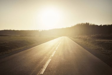 Sıcak bir yaz gününde gün batımında açık bir otoyol. Arka planda orman var. Kırsal alanlarda araba sürmek. Boş zaman aktivitesi, eğlence teması. Letonya