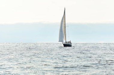 Açık bir Baltık Denizi 'nde, açık bir günde, yakın planda mavi yelkenli yelkenli yelkenli. Riga Körfezi, Letonya. Gezi, spor, eğlence, boş zaman aktiviteleri.
