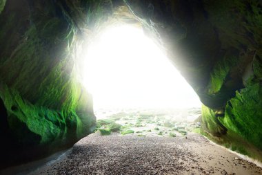 Gün batımında Fransa 'nın kayalık kıyılarından Dover Boğazı' nın panoramik manzarası. Antik kayalar, yeşil algler, doğal tünel. Resimli panoramik manzara. Seyahat yerleri, turizm, doğa