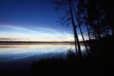 Yaz gündönümü gecesinde Saimaa Gölü 'nün üzerinde gece parlayan bulutlar ve sis vardı. Ağaç siluetleri. Altın güneş ışığı. Uzun pozlama. Destansı bulut manzarası. Suyun simetri yansımaları. Finlandiya