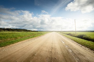 Yağmurdan sonra tarlalardan geçen boş bir köy yolu. Dramatik gökyüzü, destansı bulutlar. Hava kararsız. Transformatör direkleri yakın çekim. Letonya
