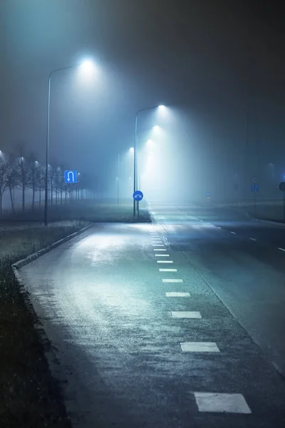 Illuminated empty highway in a fog at night. Street lights and road signs close-up. Dark urban scene, cityscape. Riga, Latvia. Dangerous driving, speed, freedom, concept image