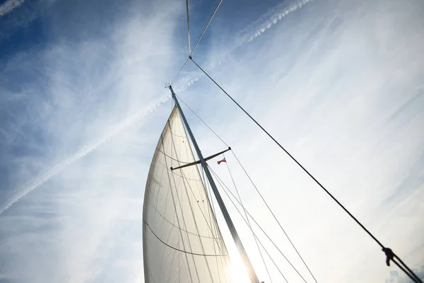 白色游艇帆的低角度视图 晴朗的蓝天 有卷云和飞机轨道 — 图库照片