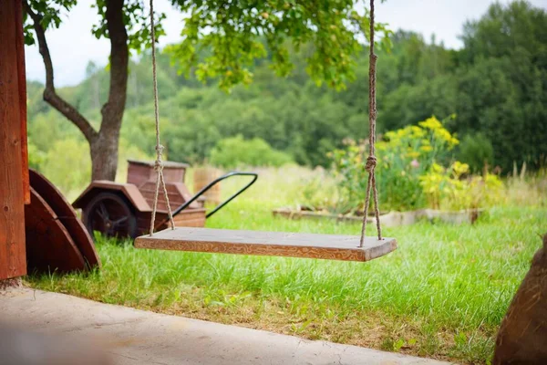 Handmade Wooden Swing Backyard Close Old Traditional Garden Cart Background — Stock Photo, Image