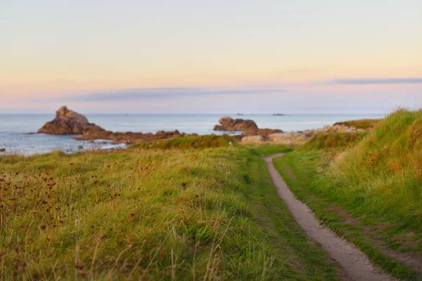 Pathway Door Groene Heuvels Van Oceaankust Bij Zonsondergang Bretagne Frankrijk — Stockfoto