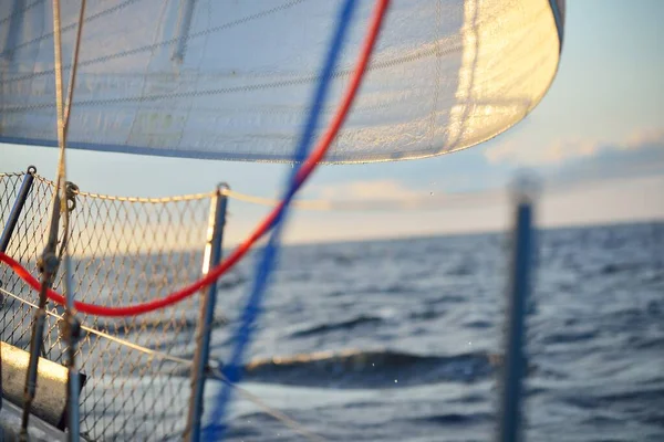 White Sailboat Open Sea Sunset Single Handed Sailing Yacht Close — Stock Photo, Image