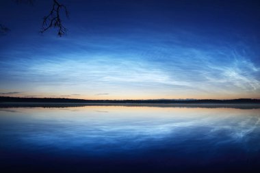 Yaz gündönümü gecesinde Saimaa Gölü 'nün üzerinde gece parlayan bulutlar ve sis vardı. Ağaç siluetleri. Altın güneş ışığı. Uzun pozlama. Destansı bulut manzarası. Suyun simetri yansımaları. Finlandiya