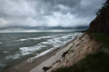 Fırtına sonrası dramatik bulutlar altında Baltık kıyısı (kum tepeleri) ve çam ormanı. - Letonya. Destansı deniz manzarası. Kasırga, fırtına, sert hava, meteoroloji, iklim değişikliği, doğal fenomen