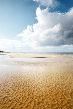 Güneşli bir bahar gününde, Baltık Denizi 'nin kristal berrak suları ve kumlu kıyıları. Sığ su. Dramatik bulut manzarası. Letonya