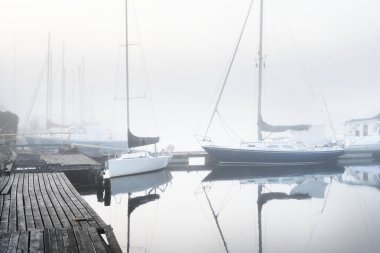 Yelkenli tekneler, güneşin doğuşunda yoğun beyaz bir sisle bir rıhtıma demirlediler. Kiel, Almanya 'daki yat kulübü. Spor, eğlence, ulaşım teması
