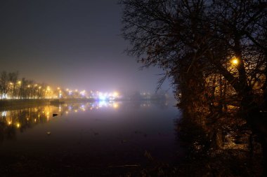 Gece sisli bir yerde nehir ve şehir parkı. Sokak fenerlerinin yanında parlak bir ışık. Riga, Letonya. Karanlık şehir manzarası