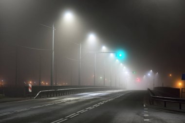 Gece sisli bir gecede köprüden geçen boş bir otoyol. Sokak Işıkları yakın plan. Karanlık şehir manzarası, şehir manzarası. Riga, Letonya. Tehlikeli sürüş, hız, özgürlük, konsept görüntü
