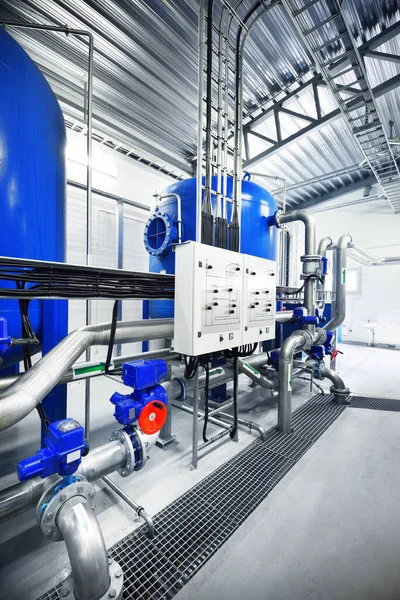 Large Blue Tanks Industrial City Water Treatment Boiler Room Wide — Stock Photo, Image
