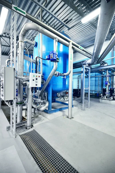 Large Blue Tanks Industrial City Water Treatment Boiler Room Wide — Stock Photo, Image