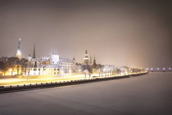 Panoramic Aerial View Illuminated Snow Covered Riga Old Town Daugava — Stock Photo, Image