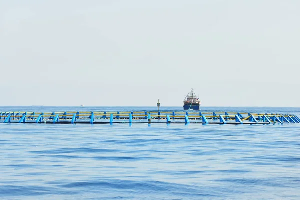 Fish Farm Open Mediterranean Sea Fishing Boat Small Ship Close — Stock Photo, Image